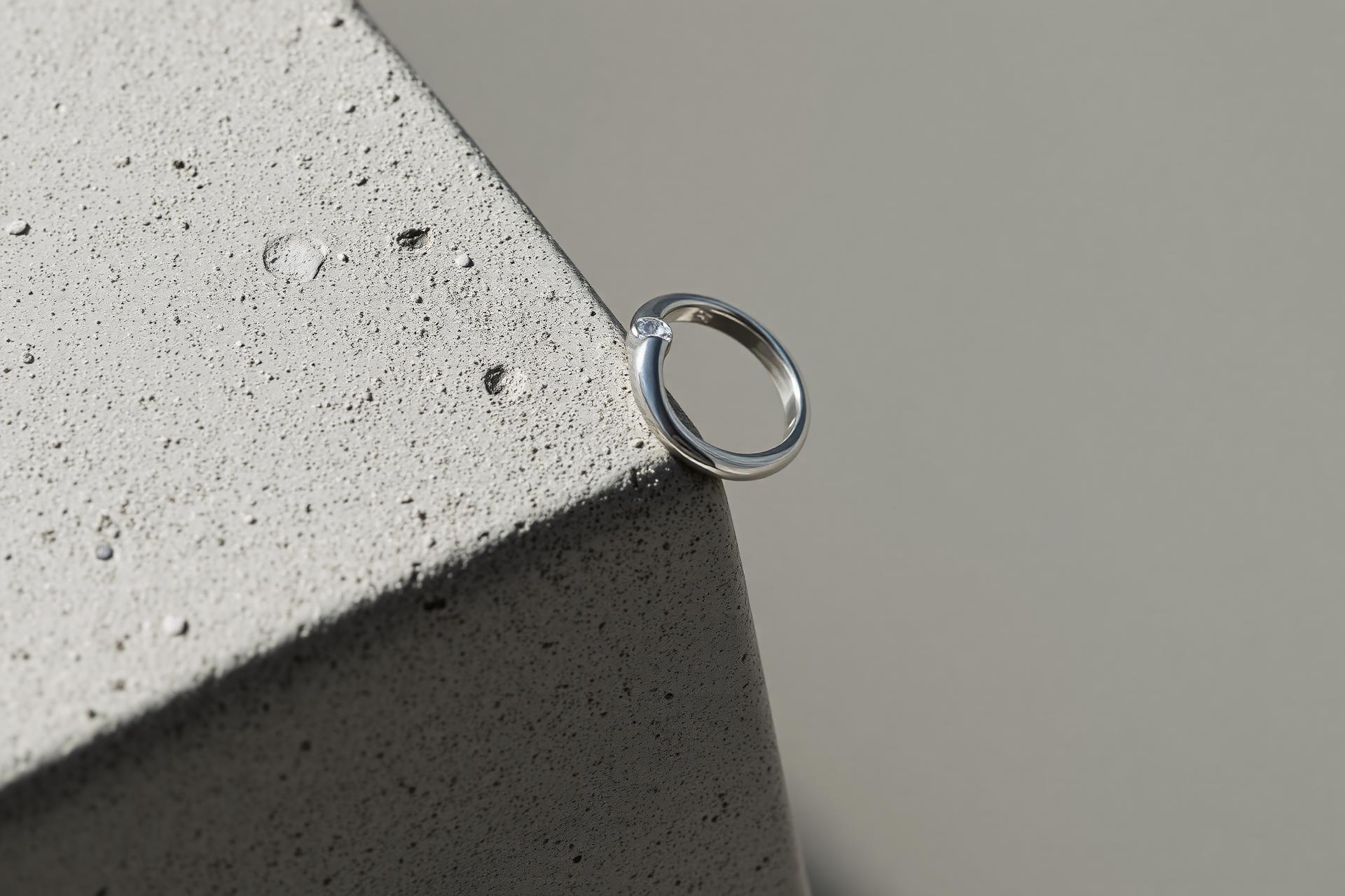 A single platinum ring resting on the edge of a concrete plinth.